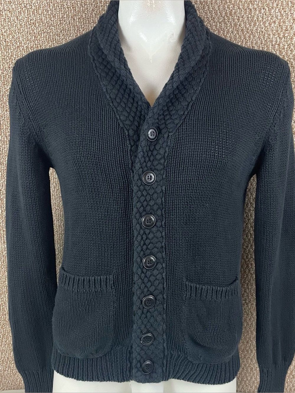 FCUK French Connection Cardigan Sweater Men’s Small Black Chunky Knit Grandpa R1
